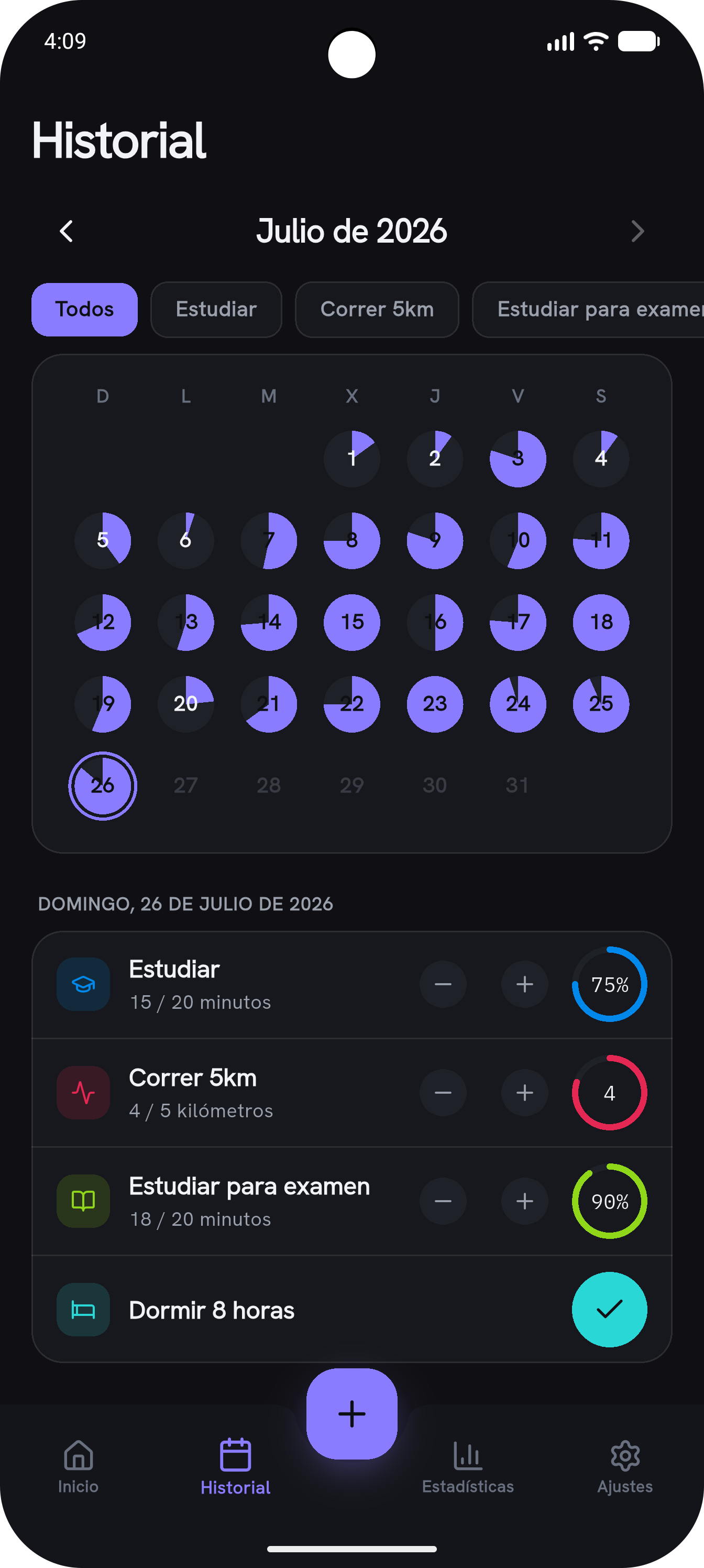 Pantalla Historial de Palma con el calendario mensual y el detalle del día seleccionado