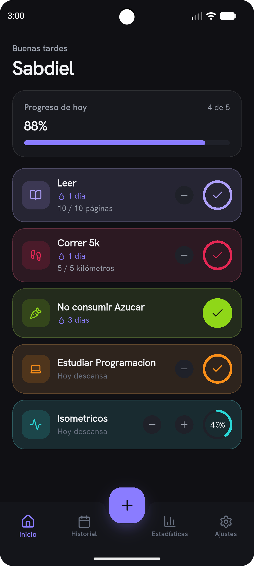 Pantalla Inicio de Palma con el progreso del día y la lista de hábitos